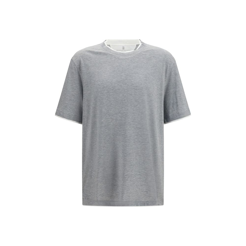 T-Shirt by Brunello Cucinelli for men in cotton & silk gray & patterned showcases a unassuming silhouette, artfully detailed with a refined and unassuming for a sophisticated, contemporary look.