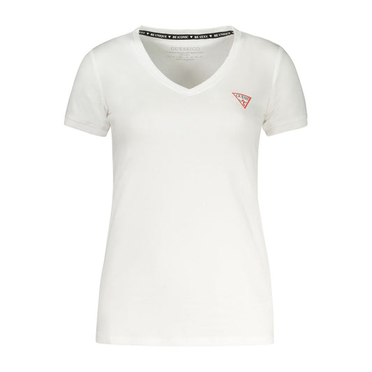 T-Shirt by Guess Jeans for women in stretch organic cotton white showcases a dramatic silhouette, elegantly detailed with a dramatic v-neck neckline and short-sleeve for a truly dramatic finish.