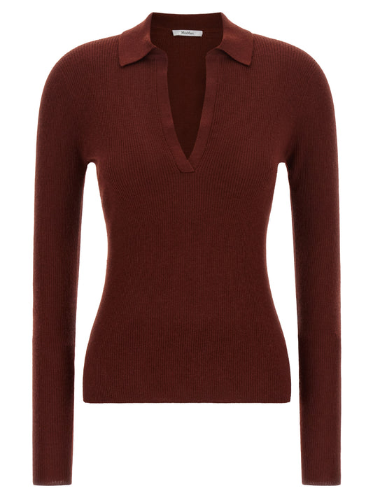 Polo Shirt by Max Mara for women in cashmere bordeaux showcases a sharp silhouette, detailed with a refined v-neck plunging neckline and sharp for a sophisticated finish.