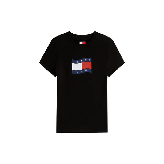 T-Shirt by Tommy Hilfiger Jeans for women in cotton black & print features a plush silhouette, showcasing a sophisticated crew neckline and short-sleeve for a truly plush finish.