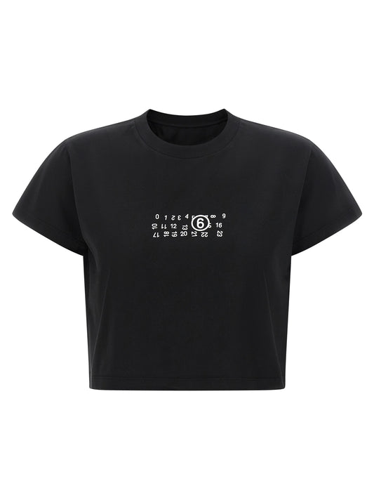 T-Shirt by MM6 Maison Margiela for women in cotton black, white & signature features a plush silhouette, showcasing a sophisticated crew neckline and short-sleeve for a truly plush finish.