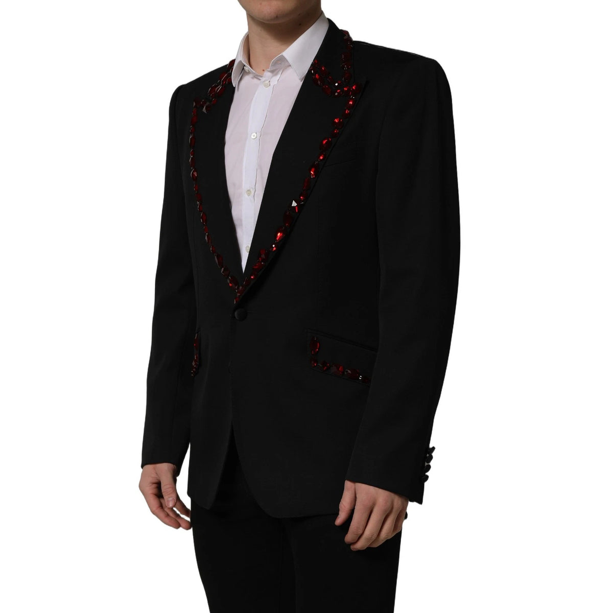 Dolce & Gabbana Men's Single Breasted Virgin Wool Viscose Polyester & Crystal Blazer - Black Red