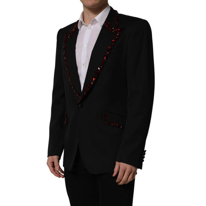Dolce & Gabbana Men's Single Breasted Virgin Wool Viscose Polyester & Crystal Blazer - Black Red