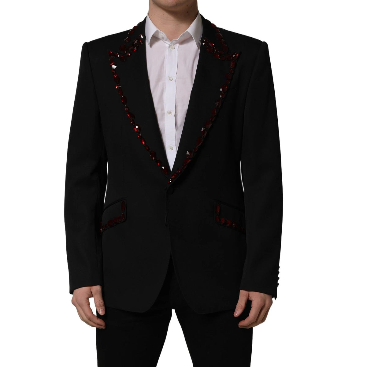 Dolce & Gabbana Men's Single Breasted Virgin Wool Viscose Polyester & Crystal Blazer - Black Red