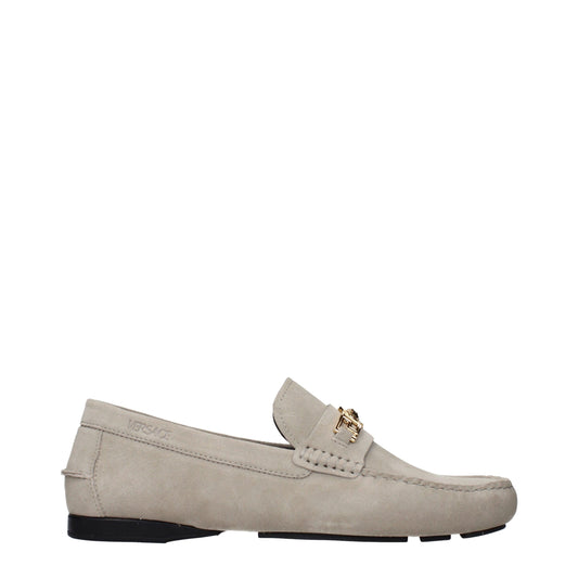 Loafer Slip-On Shoes by Versace for men in suede leather gray showcases a timeless silhouette from the Men's Suede Leather Loafer Slip-On Shoes collection, featuring a timeless and for a timeless finish.