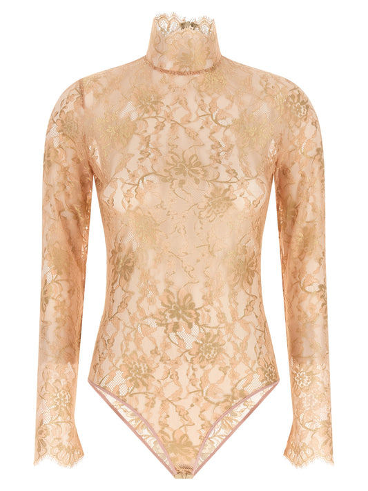Bodysuit by Valentino Garavani for women in polyamide viscose lurex & lace multicolor, pink & floral features an amazing silhouette, showcasing a long-sleeve design and amazing high-neck neckline for a truly amazing fit.