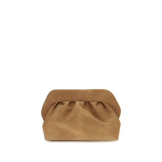 Evening Clutch Handbag by THEMOIRè for women in suede leather beige features an sculptural silhouette, showcasing a secure magnetic and sculptural with versatile shoulder-strap, adjustable-strap & detachable-strap for a sophisticated look.