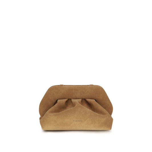Medium Clutch Handbag by THEMOIRè for women in nubuck suede & leather beige features a sculptural silhouette with a secure magnetic, organized , and versatile shoulder-strap for a sculptural finish.