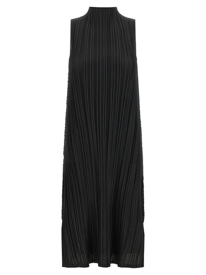 Dress by PLEATS PLEASE ISSEY MIYAKE for women in polyester black features an magnificent silhouette, artfully detailed with a magnificent high-neck neckline and sleeveless that flows into an magnificent midi.