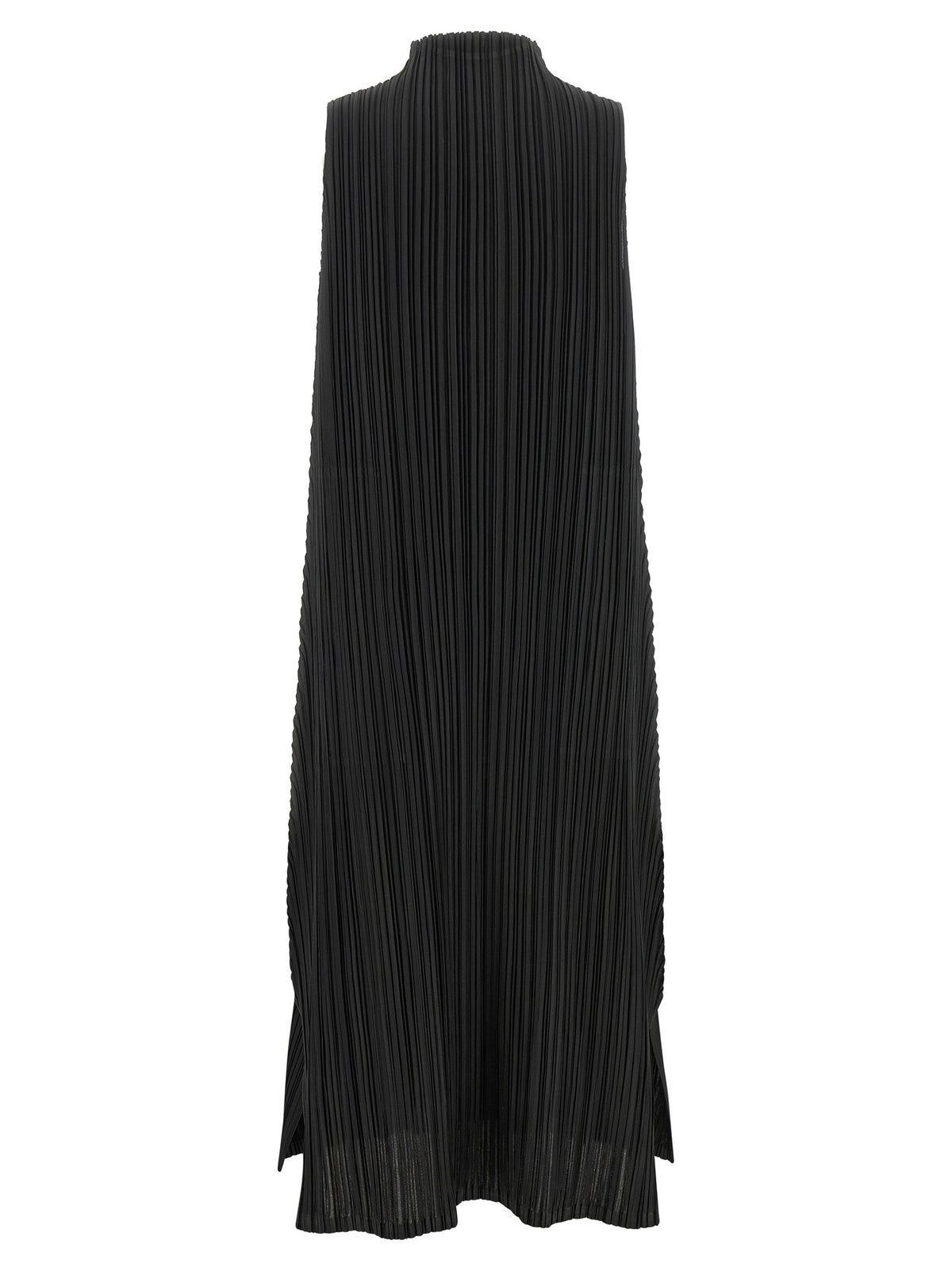 Dress by PLEATS PLEASE ISSEY MIYAKE for women in polyester black presents a sinuous silhouette, showcasing a sophisticated high-neck neckline and detailed with a sinuous midi for a refined finish.