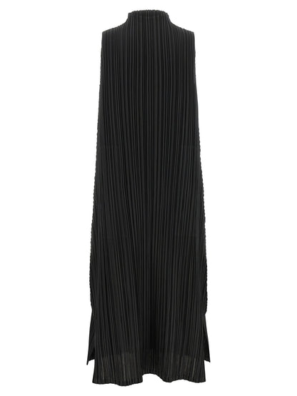Dress by PLEATS PLEASE ISSEY MIYAKE for women in polyester black presents a sinuous silhouette, showcasing a sophisticated high-neck neckline and detailed with a sinuous midi for a refined finish.
