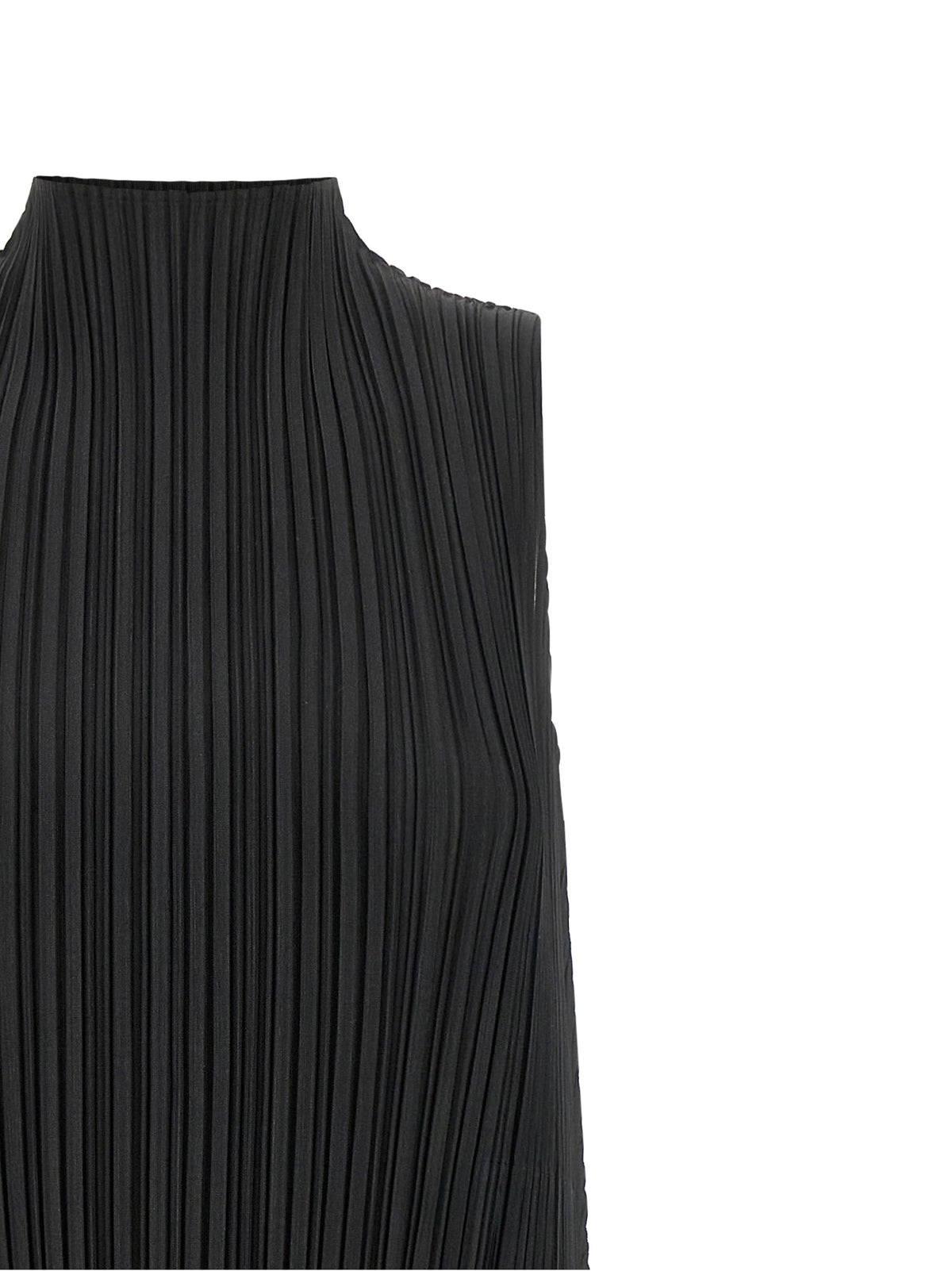Dress by PLEATS PLEASE ISSEY MIYAKE for women in polyester black features an eye catching silhouette with a sophisticated high-neck neckline, elegant , and a refined midi for a eye catching aesthetic.