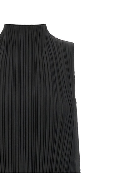 Dress by PLEATS PLEASE ISSEY MIYAKE for women in polyester black features an eye catching silhouette with a sophisticated high-neck neckline, elegant , and a refined midi for a eye catching aesthetic.