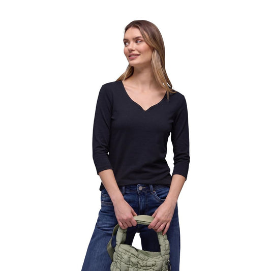 Cardigan by Street One for women in modal & cotton black features an impeccable silhouette, showcasing a sophisticated sweetheart neckline and three-quarter-sleeve; long-sleeve detail for a truly impeccable finish.