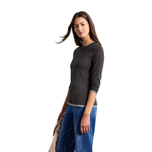 Cardigan by Street One for women in cotton lycra & mesh brown showcases a captivating silhouette, artfully detailed with a captivating long-sleeve and crew neckline for a truly sophisticated captivating look.