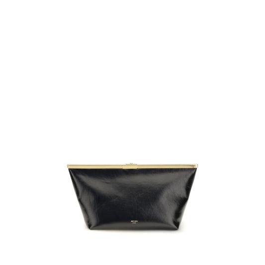 Large Frame Clutch Handbag by Jimmy Choo for women in bos taurus calf leather black & gold showcases a sculptural silhouette, featuring a secure clasp, ample , and versatile for a sculptural aesthetic.