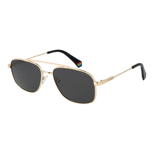 Sunglasses by Polaroid for men in virgin wool and gray & gold featuring an stylish aviator full-rim frame design with a sophisticated gold coloured frame finish and high-performance category-3-dark-tint polarized lens.