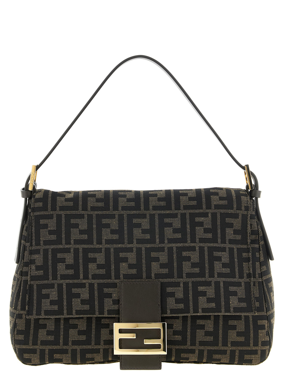 Shoulder Flap Bag by Fendi for women in polyester leather & cotton brown, gold, patterned & jacquard showcases a enviable silhouette, artfully detailed with a secure flap, zipper & buckle, organized , and versatile shoulder-strap, adjustable-strap & handle for a enviable look.