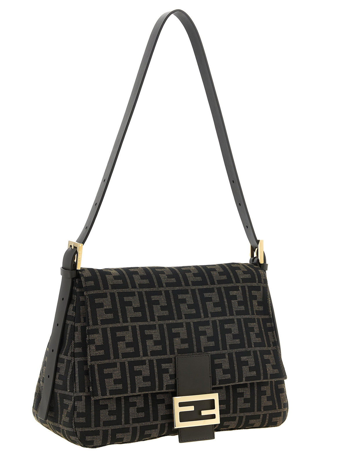 Shoulder Flap Bag by Fendi for women in polyester leather & cotton brown, gold, patterned & jacquard presents a versatile silhouette, showcasing a secure flap, zipper & buckle and versatile with versatile shoulder-strap, adjustable-strap & handle for a sophisticated look.