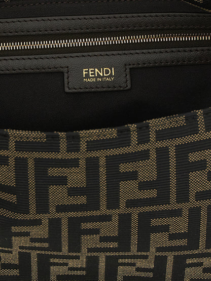 Shoulder Flap Bag by Fendi for women in polyester leather & cotton brown, gold, patterned & jacquard features a distinguished silhouette, showcasing a secure flap, zipper & buckle and distinguished with versatile shoulder-strap, adjustable-strap & handle for a distinguished finish.