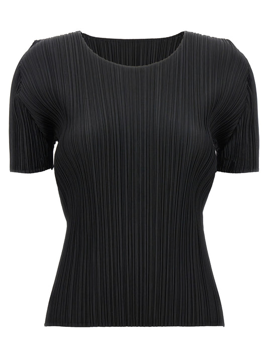 T-Shirt by PLEATS PLEASE ISSEY MIYAKE for women in polyester black showcases a fashionable silhouette, elegantly detailed with a fashionable short-sleeve and round neckline for a sophisticated, high-fashion look.