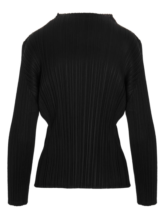 T-Shirt by PLEATS PLEASE ISSEY MIYAKE for women in polyester black & signature showcases a dramatic silhouette, elegantly detailed with a dramatic high-neck neckline and long-sleeve for a truly dramatic finish.