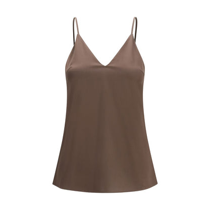 T-Shirt by Brunello Cucinelli for women in silk satin brown showcases a dramatic silhouette, elegantly detailed with a dramatic v-neck neckline and sleeveless for a truly dramatic finish.