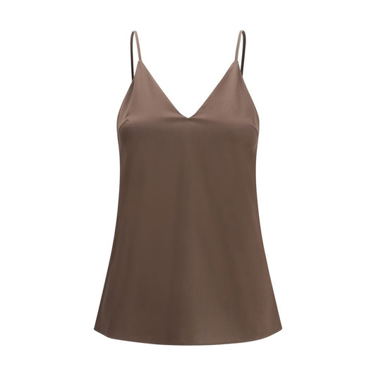 T-Shirt by Brunello Cucinelli for women in silk satin brown showcases a dramatic silhouette, elegantly detailed with a dramatic v-neck neckline and sleeveless for a truly dramatic finish.