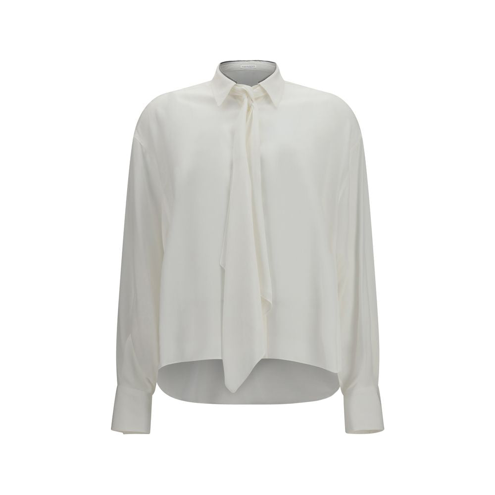 Dress Shirt by Brunello Cucinelli for women in nickel & silk pearl & white features an architectural silhouette with a refined and elegant for a architectural look.