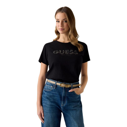 T-Shirt by Guess for women in cotton black features a plush silhouette, showcasing a sophisticated round neckline and short-sleeve for a truly plush finish.
