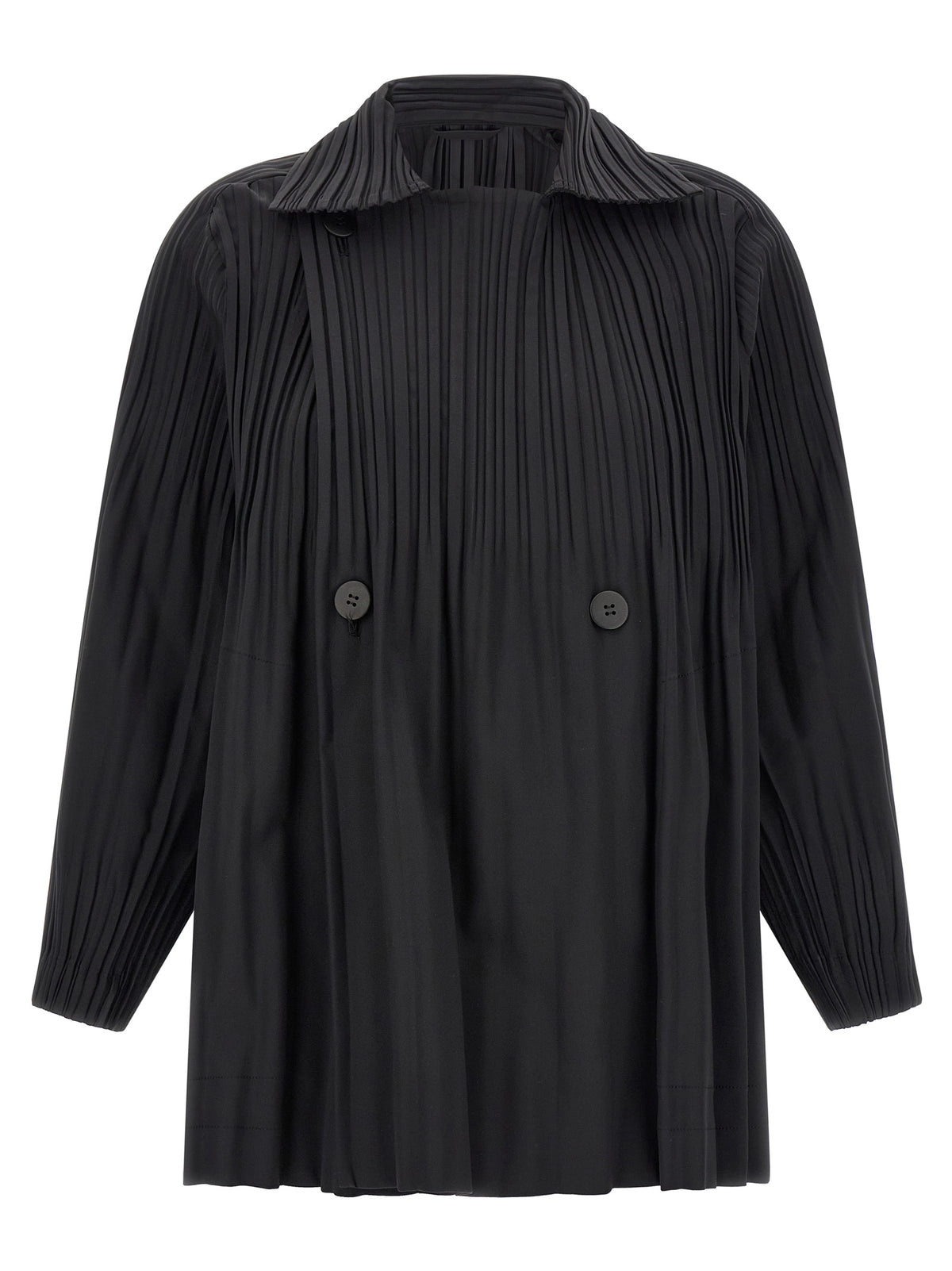 Overcoat by PLEATS PLEASE ISSEY MIYAKE for women in polyester black showcases a architectural silhouette, artfully detailed with a distinctive and functional windproof for a architectural finish.