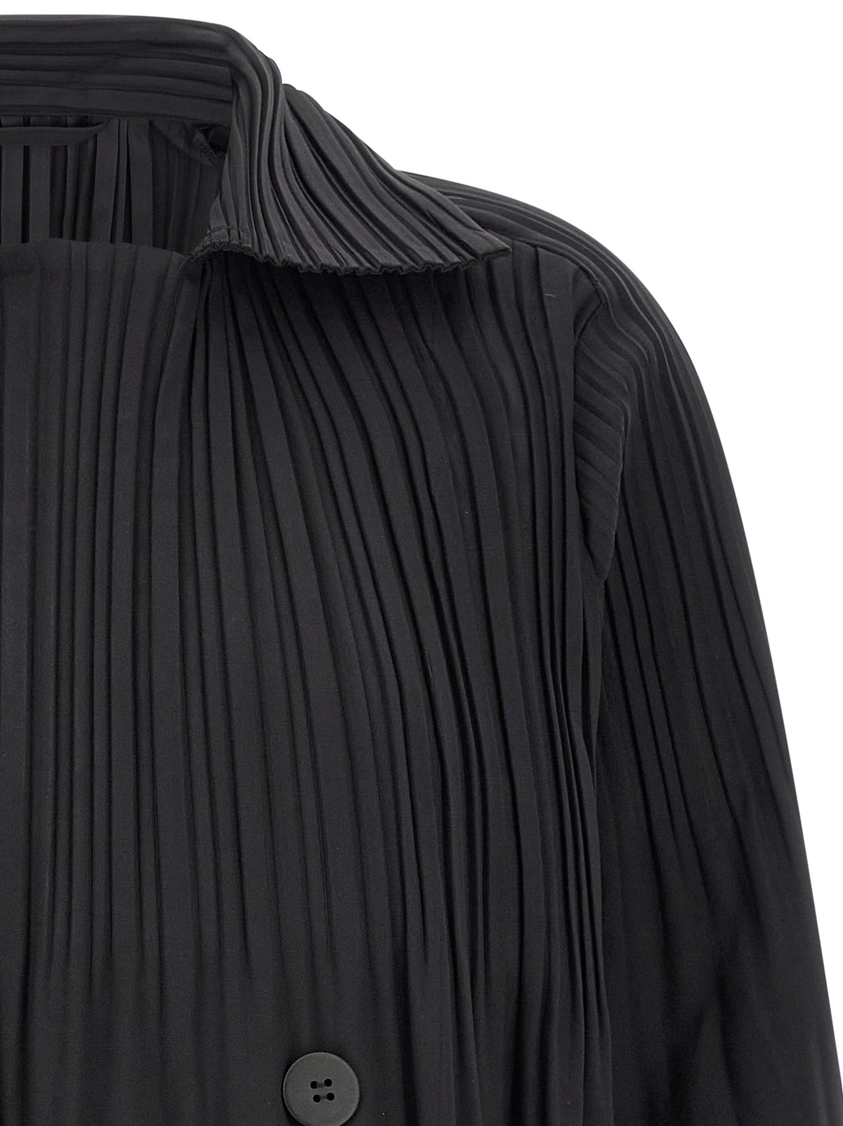 Overcoat by PLEATS PLEASE ISSEY MIYAKE for women in polyester black presents a luxurious silhouette, showcasing a luxurious and sophisticated windproof for a premium, luxurious look.