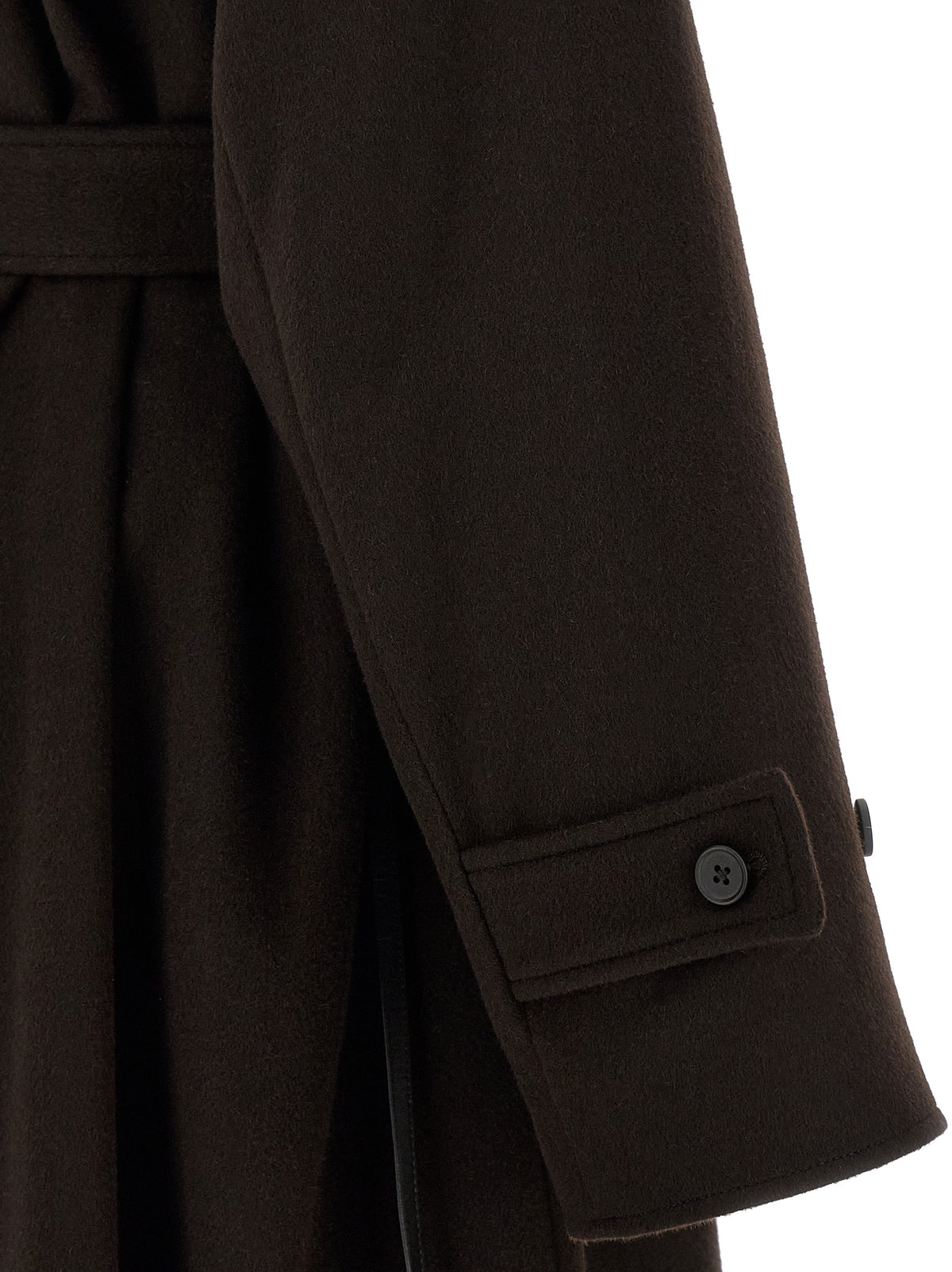 Overcoat by SSSTEIN for men in beaver hair cashmere leather & wool brown presents a luxurious silhouette, showcasing a luxurious and sophisticated for a premium, luxurious look.