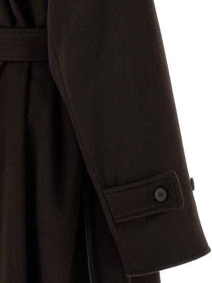 Overcoat by SSSTEIN for men in beaver hair cashmere leather & wool brown presents a luxurious silhouette, showcasing a luxurious and sophisticated for a premium, luxurious look.