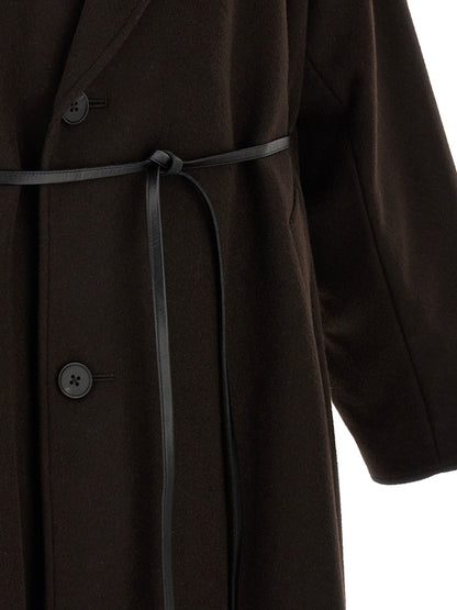 Overcoat by SSSTEIN for men in beaver hair cashmere leather & wool brown features a cosy chic silhouette, artfully detailed with a sophisticated and premium for a cosy chic finish.