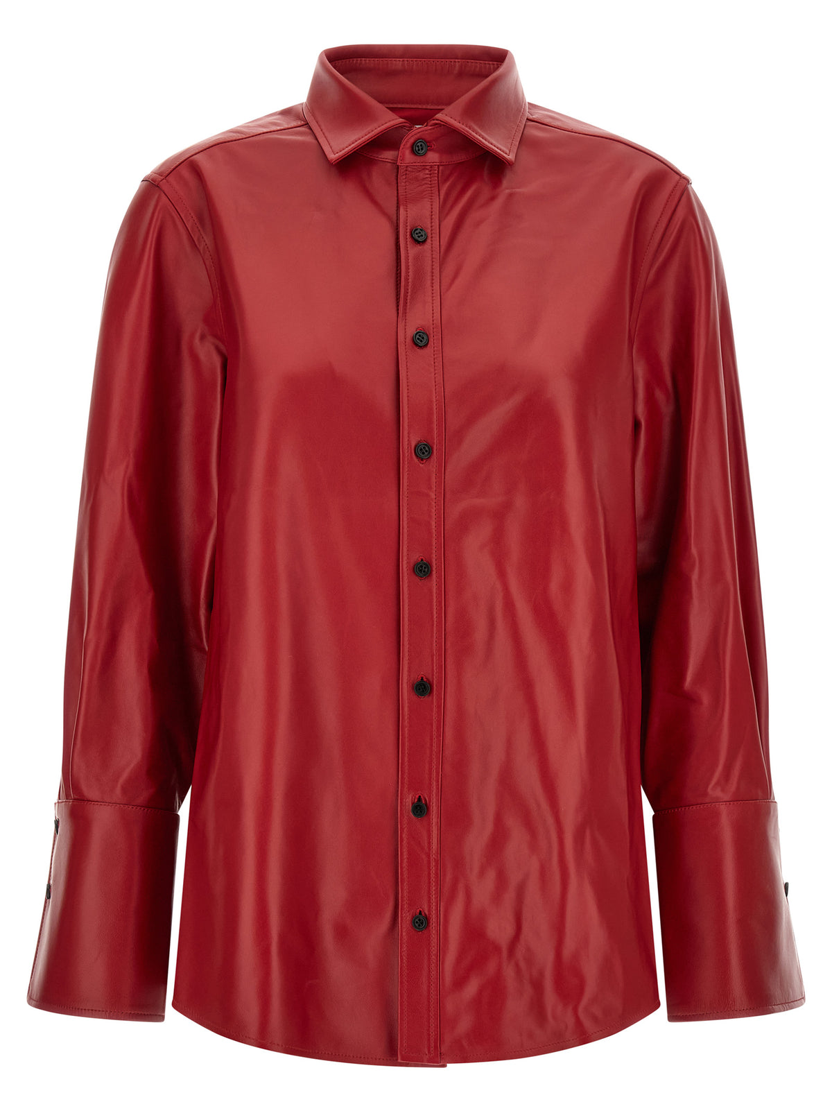 Blouse by CO for women in lamb leather & cotton black, cherry & red showcases a sharp silhouette, elegantly detailed with a sharp and sharp .