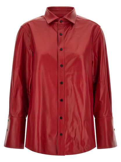 Blouse by CO for women in lamb leather & cotton black, cherry & red showcases a sharp silhouette, elegantly detailed with a sharp and sharp .