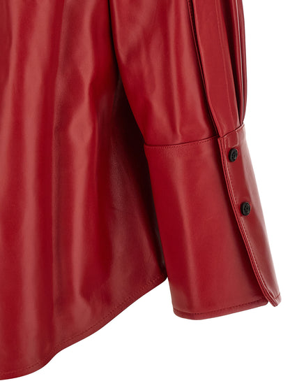 Blouse by CO for women in lamb leather & cotton black, cherry & red features an architectural silhouette with a refined and elegant for a architectural look.