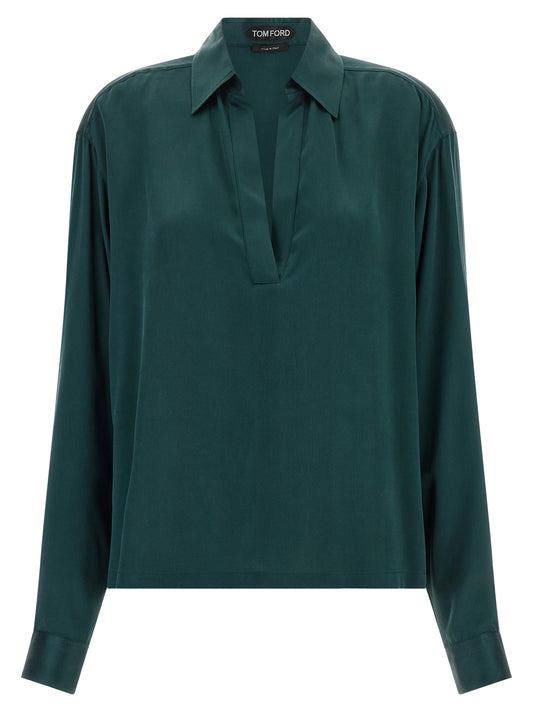 Polo Shirt by Tom Ford for women in silk satin bicolour, green, peach & teal showcases a enviable silhouette, featuring a refined v-neck neckline and for a enviable finish.