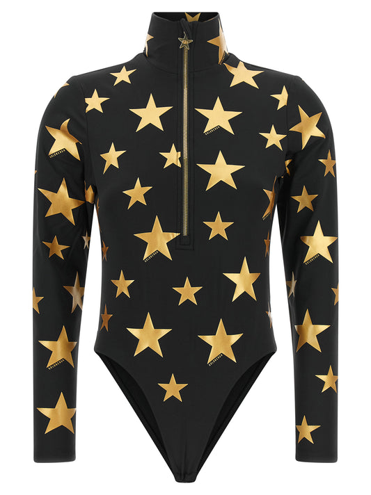 Bodysuit by GOLDBERGH for women in stretch polyester black, gold & print showcases a flawless silhouette, elegantly defined by a refined high-neck neckline and for a flawless and polished finish.