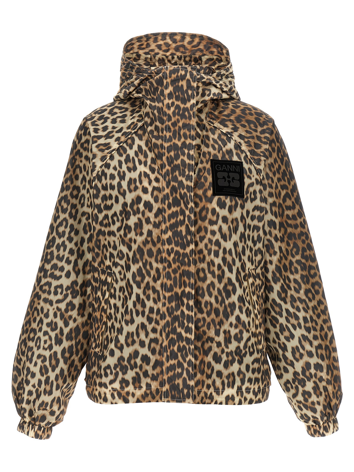 Hooded Windbreaker Jacket by Ganni for women in nylon & silicone animal, multicolor, leopard-print, signature & print features an enduring silhouette, showcasing technical pockets, hooded & windproof and a sophisticated hooded high-neck neckline for a truly enduring aesthetic.