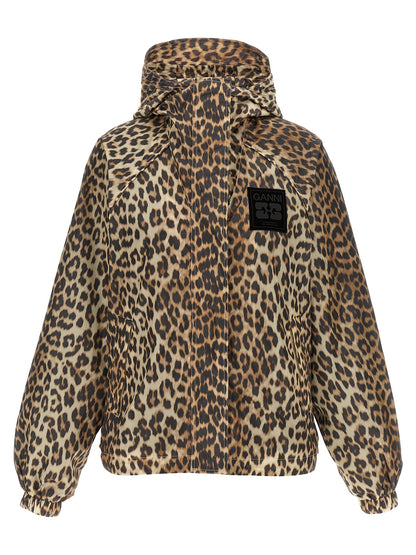 Hooded Windbreaker Jacket by Ganni for women in nylon & silicone animal, multicolor, leopard-print, signature & print features an enduring silhouette, showcasing technical pockets, hooded & windproof and a sophisticated hooded high-neck neckline for a truly enduring aesthetic.