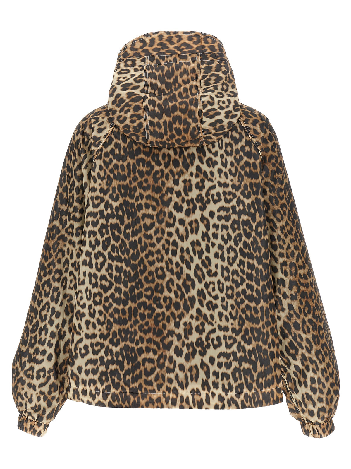 Hooded Windbreaker Jacket by Ganni for women in nylon & silicone animal, multicolor, leopard-print, signature & print showcases a urban chic silhouette, detailed with a urban chic hooded high-neck neckline and functional pockets, hooded & windproof for a polished finish.