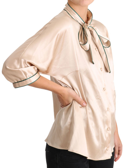 Beige Ribbon Silk Stretch Top Blouse