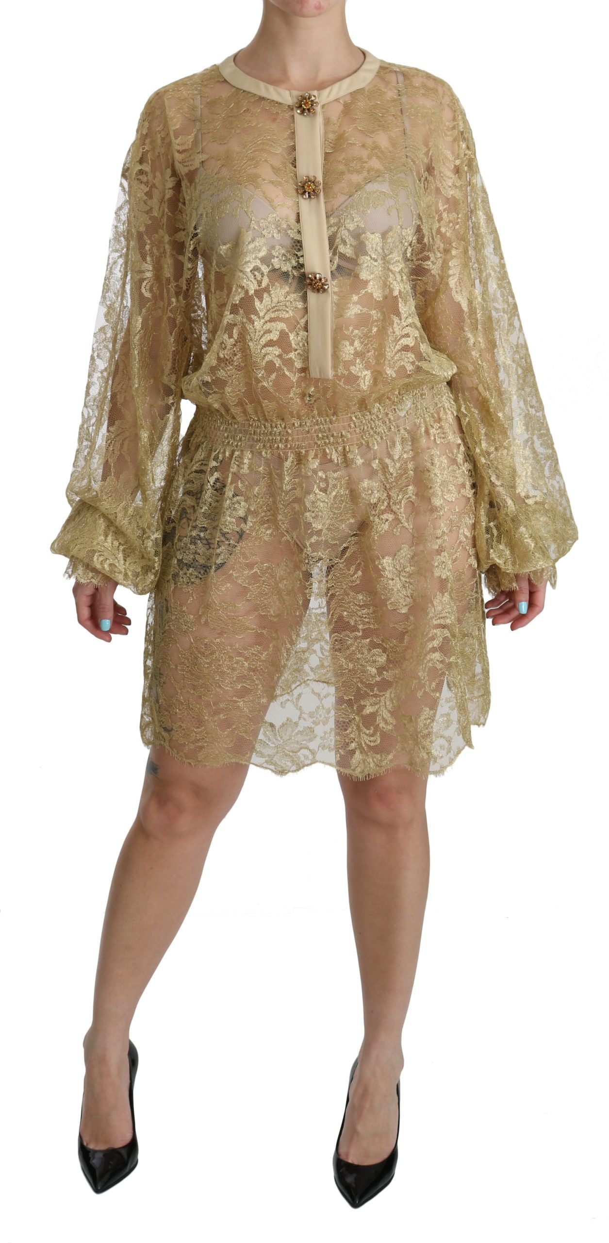 Dolce & Gabbana Elegant Gold Lace A-Line Knee Length Dress Moon Behind The Hill Dolce & Gabbana Elegant Gold Lace A-Line Knee Length Dress Moon Behind The Hill