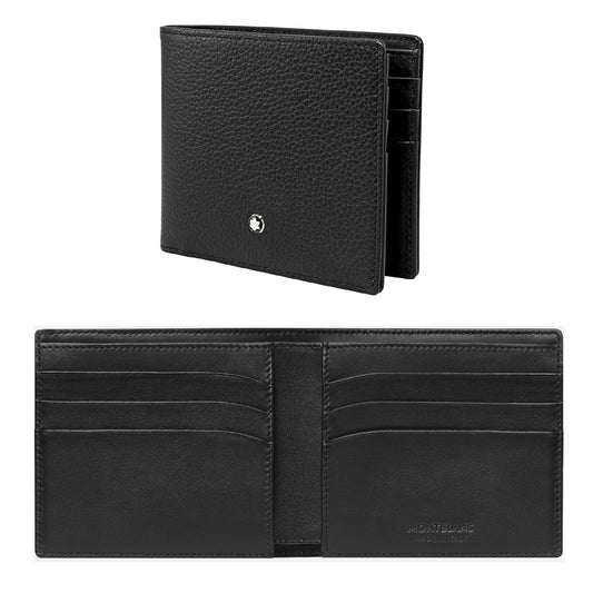 A black leather Montblanc Meisterstück wallet for men, showing both the exterior and interior with multiple compartments.