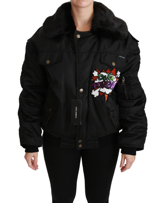 Dolce & Gabbana Women's Elegant Black Bomber Jacket with Detachable Features