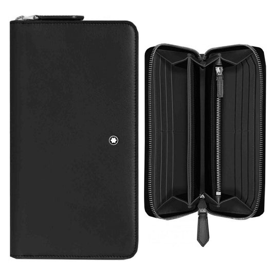 Montblanc Meisterstöck Selection Soft Wallet, black leather unisex wallet with multiple compartments, displayed open and closed.
