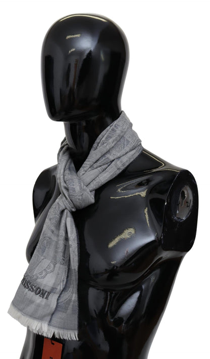 Missoni Grey Floral Wool Unisex Neck Wrap Fringes Scarf
