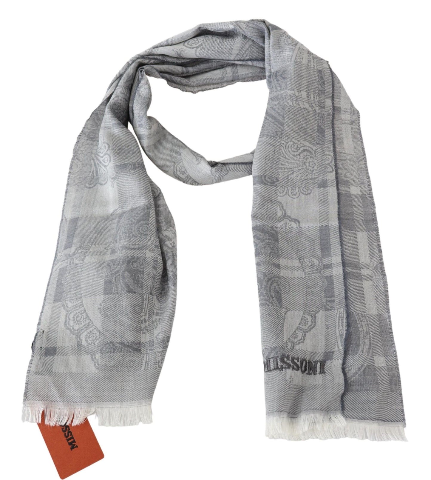 Missoni Grey Floral Wool Unisex Neck Wrap Fringes Scarf